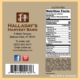 Halladay's Harvest Barn label with nutrition facts, contact information, and ingredients list on a beige background.