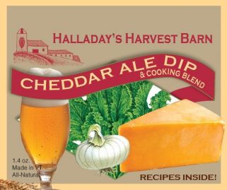 Label for Halladay's Harvest Barn Cheddar Ale Dip and Cooking Blend with a glass of beer, cheese, and vegetables.