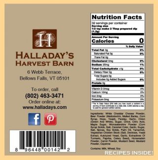 Product label with Halladay's Harvest Barn branding, nutrition facts, and contact information on a beige background.