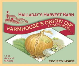 Halladay's Harvest Barn Farmhouse 5 Onion Dip packaging with an onion illustration on a green background.