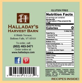 Nutrition label and contact information for Halladay's Harvest Barn on a beige background