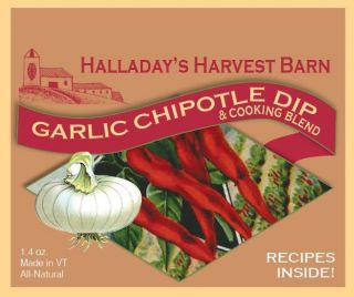 Halladay's Harvest Barn Garlic Chipotle Dip & Cooking Blend packaging with onions and peppers on a beige background.