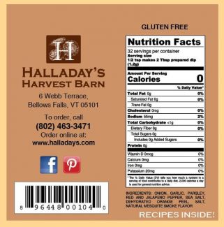 Halladay's Harvest Barn product label with nutrition facts, contact information, and ingredients.