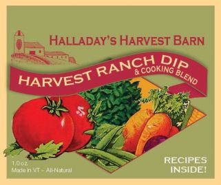 Halladay's Harvest Barn Harvest Ranch Dip & Cooking Blend label with vegetables and barn illustration.