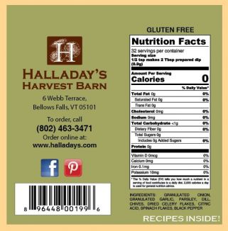 Halladay's Harvest Barn label with nutrition facts, contact information, and ingredients list on a beige background.