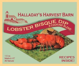 Halladay's Harvest Barn lobster bisque dip label with lobsters and text.