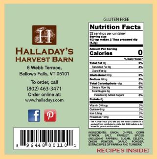 Halladay's Harvest Barn product label with nutrition facts and contact information.