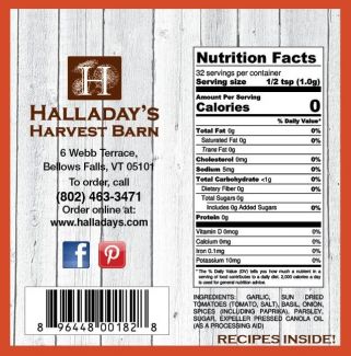 Nutrition label and branding information for Halladay's Harvest Barn on a wooden background