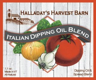 Label for Halladay's Harvest Barn Italian Dipping Oil Blend with vegetables on a wooden background.