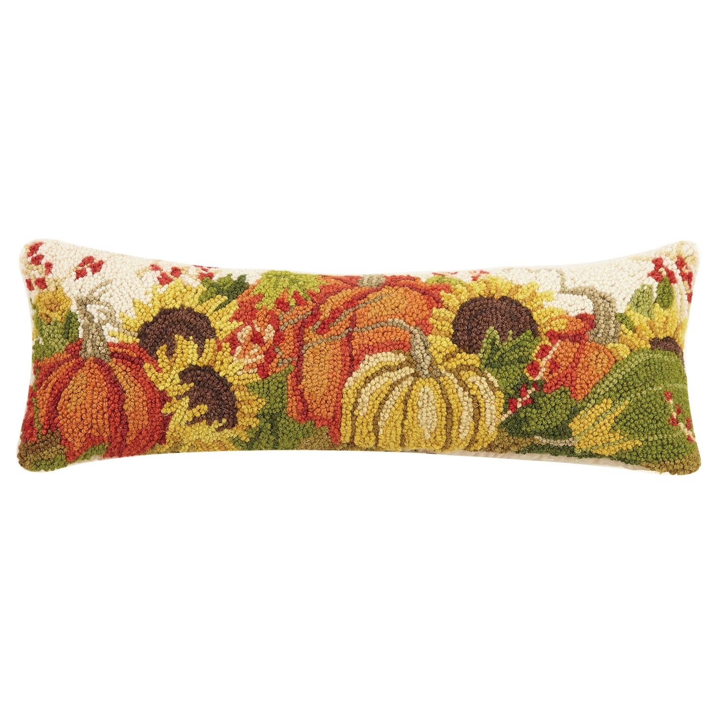 Decorative pillow with autumnal design featuring pumpkins and berries on a white background