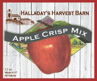 Label for Halladay's Harvest Barn Apple Crisp Mix with an illustration of a red apple and a small village.