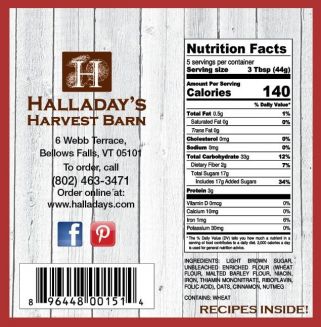 Nutrition label and branding information for Halladays Harvest Barn on a wooden background