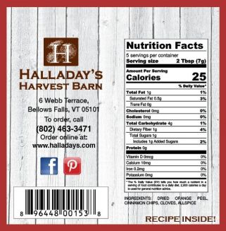 Nutrition label and branding elements from Halladay's Harvest Barn on a wooden background