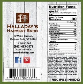 Nutrition label and branding elements from Halladay's Harvest Barn on a white background