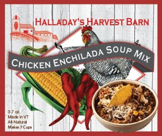 Halladay's Harvest Barn Chicken Enchilada Soup Mix packaging with graphics of a bowl of soup, corn, and red peppers on a wooden background.