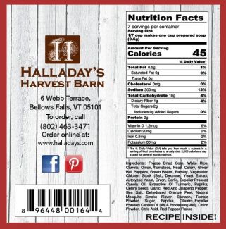 Nutrition label with Halladay's Harvest Barn branding on a wooden background