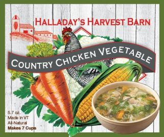 Halladay's Harvest Barn Country Chicken Vegetable soup label with vegetables and a bowl of soup.