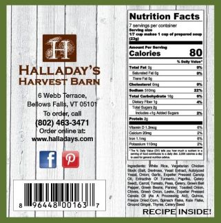 Nutrition label and branding information for Halladay's Harvest Barn on a wooden background