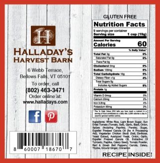 Halladay's Harvest Barn product label with nutrition facts and contact information on a wooden background.