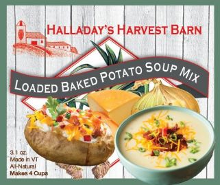 Halladay's Harvest Barn Loaded Baked Potato Soup Mix packaging with images of a baked potato and soup.