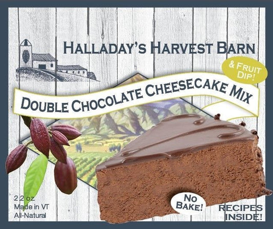 Halladay's Harvest Barn Double Chocolate Cheesecake Mix packaging with a cake illustration on a wooden background.