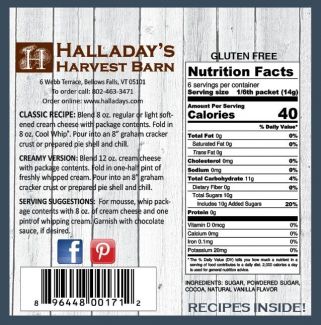 Halladay's Harvest Barn label with nutrition facts and recipe information on a wooden background