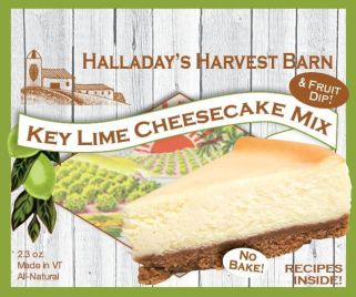 Key Lime Cheesecake Mix packaging from Halladay's Harvest Barn on a wooden background