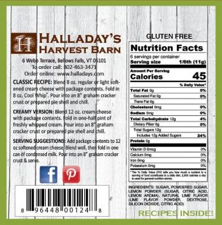 Nutrition label and product details for Halladay's Harvest Barn on a wooden background
