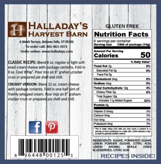 Halladay's Harvest Barn food product label with nutrition facts and contact information.
