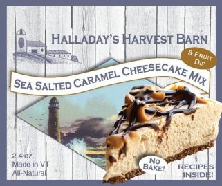 Halladay's Harvest Barn sea salted caramel cheesecake mix packaging with a slice of cheesecake.
