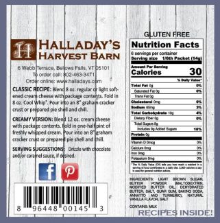 Halladay's Harvest Barn label with nutrition facts and recipe details on a wooden background