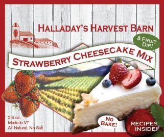 Halladay's Harvest Barn strawberry cheesecake mix packaging with strawberries and a farm scene.