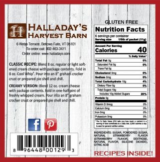 Nutrition label and branding information for Halladay's Harvest Barn on a red background