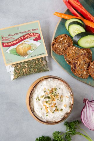 Farmhouse 5 Onion Dip with crackers and vegetables on a gray surface