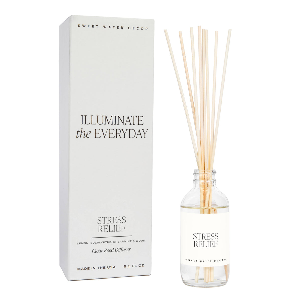 Reed diffuser set with packaging labeled 'Stress Relief' by Sweet Water Decor on a white background.
