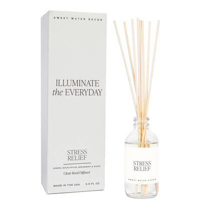 Reed diffuser set with packaging labeled 'Stress Relief' by Sweet Water Decor on a white background.