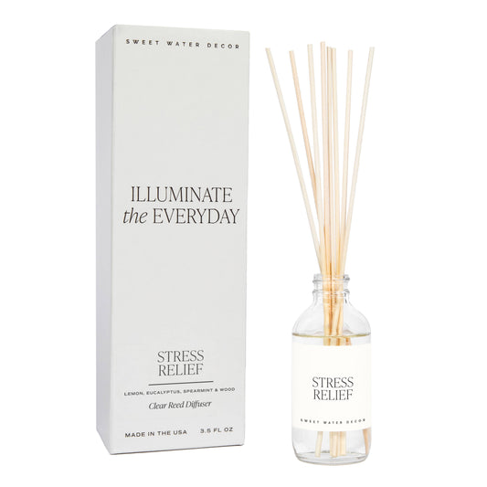 Reed diffuser set with packaging labeled 'Stress Relief' by Sweet Water Decor on a white background.