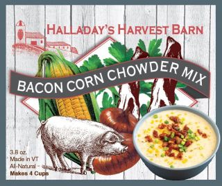 Bacon Corn Chowder Mix label with illustrations of corn, bacon, and a bowl of chowder on a wooden background.