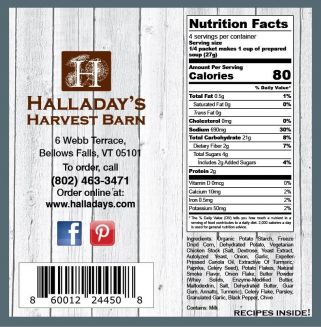 Product label with Halladys Harvest Barn branding and contact information on a wooden background.