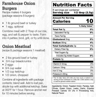 Nutrition facts label for Farmhouse Onion Burgers with recipe details.