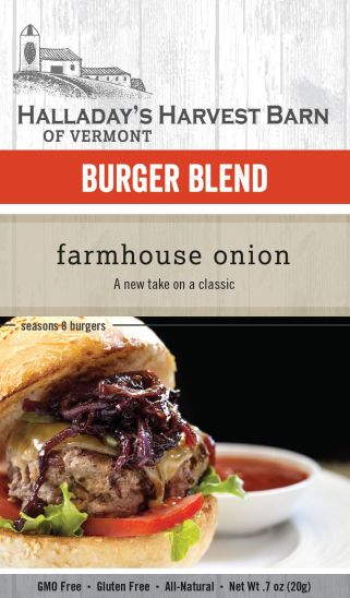 Halladay's Harvest Barn of Vermont burger blend packaging with a hamburger and onion on a bun.
