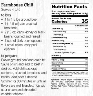 Nutrition facts label for Farmhouse Chili with serving size, calories, and ingredient list.