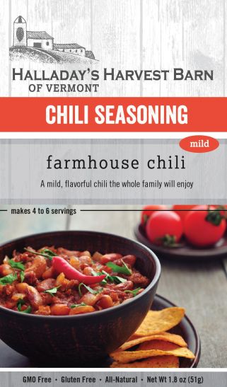 Halladay's Harvest Barn of Vermont Chili Seasoning package with a bowl of chili and tomatoes on a gray background.