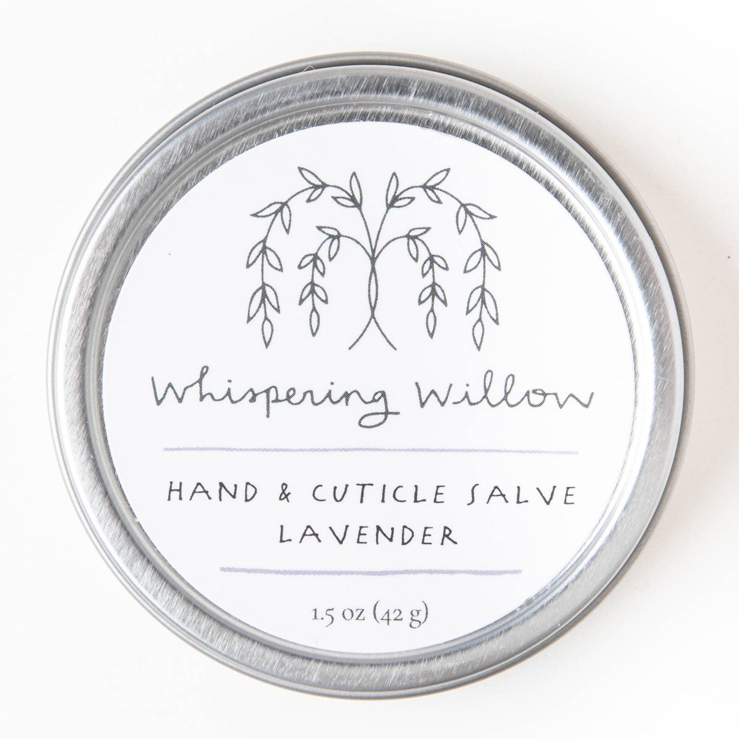 Tin of Whisping Willow hand and cuticle salve on a white background