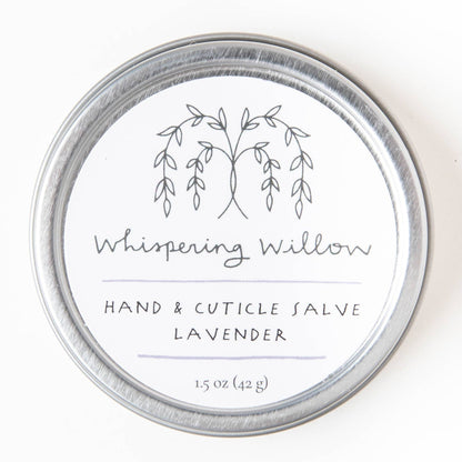 Tin of Whisping Willow hand and cuticle salve on a white background