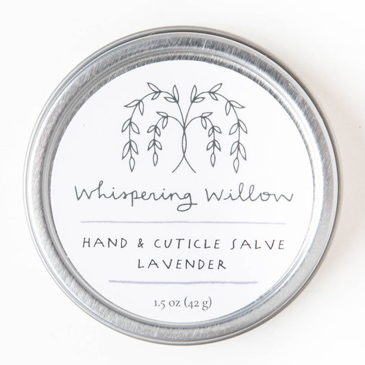 Tin of Whisping Willow hand and cuticle salve on a white background