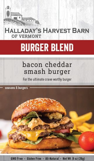 Burger blend packaging with a burger and fries on a wooden board, featuring Halladay's Harvest Barn branding.