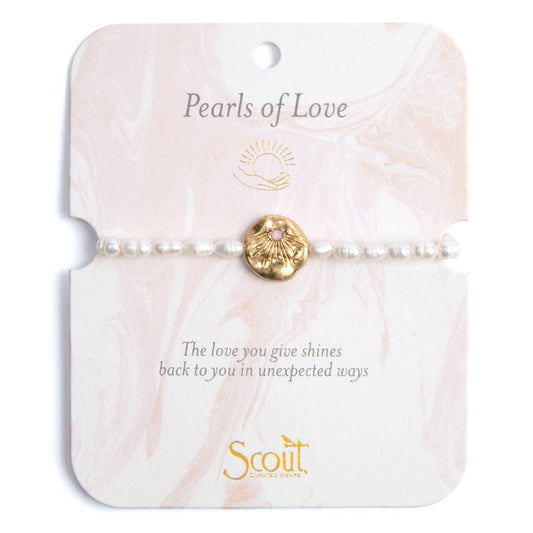 Pearls of Love bracelet on a Scout branded card with a gold clasp.