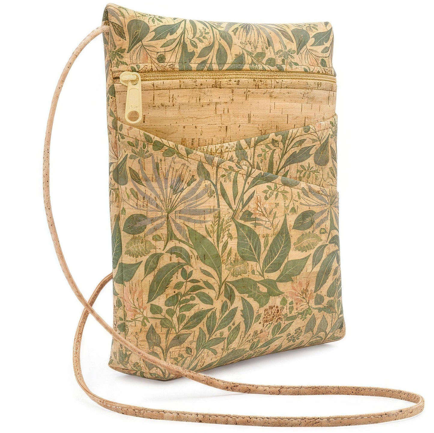 Cork handbag with leaf pattern on a white background