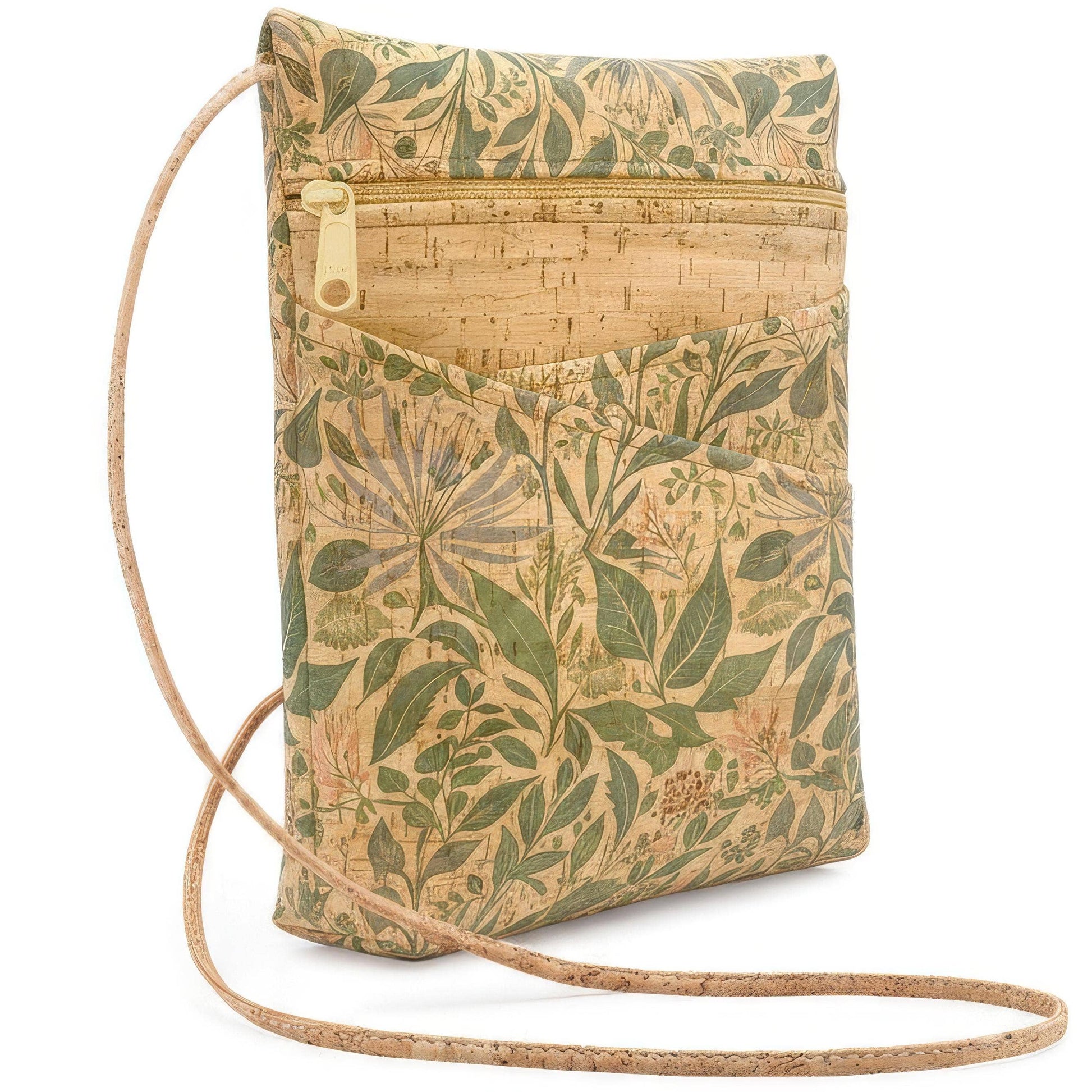 Cork handbag with leaf pattern on a white background